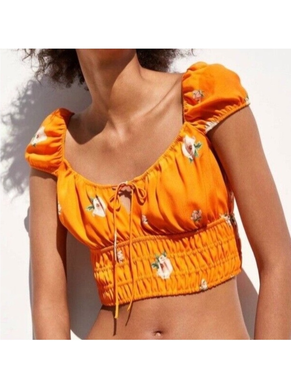 Zara Orange Floral Puff-Sleeve Crop Top Size Large